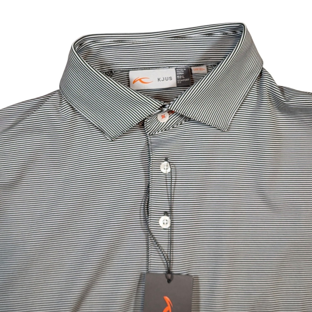 New KJUS Mens 52 L Soren Polo Long‎ Sleeve Grey White Striped UPF 50 Performance